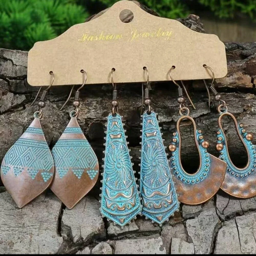 Ancient Green Teal & Bronze Vintage Pendant Earrings Folklore Drop Dangle 3 Pair